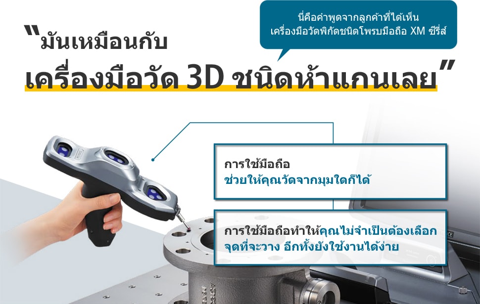นี่คือคำพูดจากลูกค้าที่ได้เห็น เครื่องมือวัดพิกัดชนิดโพรบมือถือ XM ซีรีส์ “มันเหมือนกับ เครื่องมือวัด 3D ชนิดห้าแกนเลย” / การใช้มือถือ ช่วยให้คุณวัดจากมุมใดก็ได้ / การใช้มือถือทำให้คุณไม่จำเป็นต้องเลือก จุดที่จะวาง อีกทั้งยังใช้งานได้ง่าย