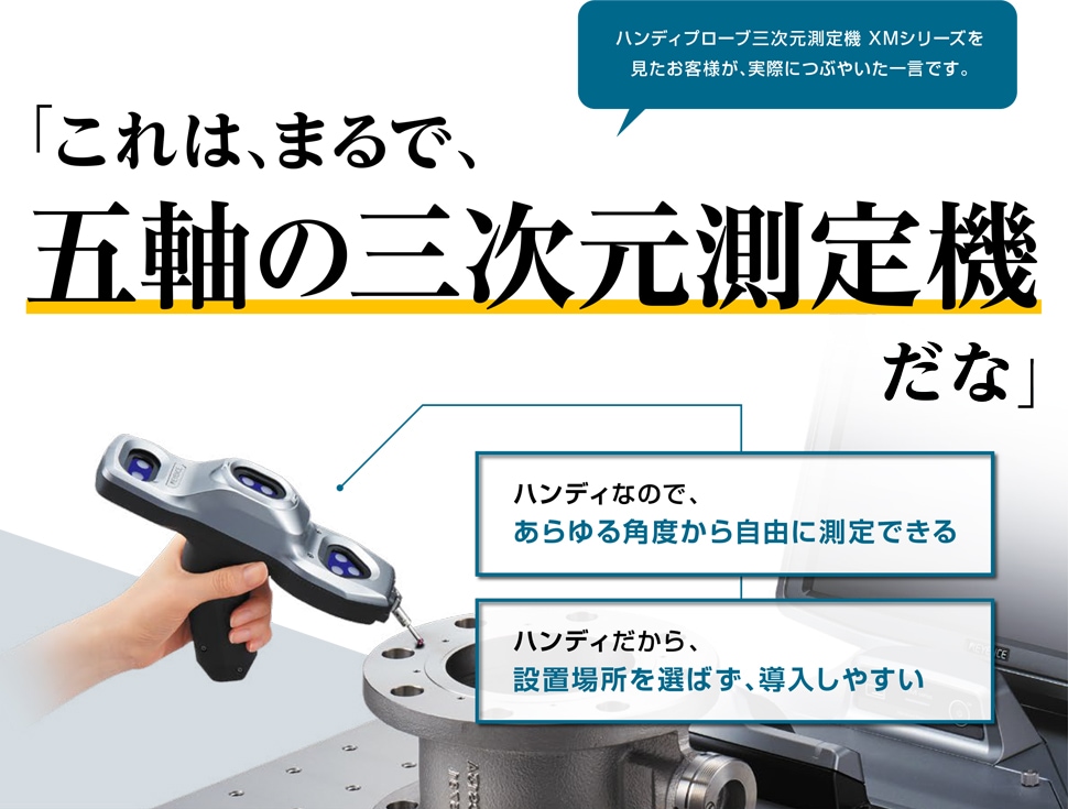 ハンディプローブ三次元測定機 XMシリーズを見たお客様が、実際につぶやいた一言です。「これは、まるで、五軸の三次元測定機だな」 / ハンディなので、あらゆる角度から自由に測定できる / ハンディだから、設置場所を選ばず、導入しやすい
