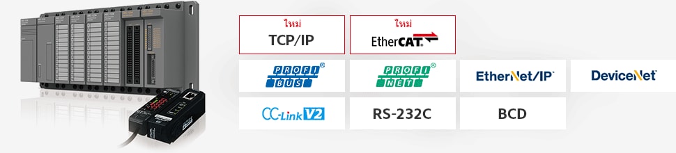 [ใหม่] TCP/IP, [ใหม่] EtherCAT, PROFIBUS, PROFINET, EtherNet/IP™, DeviceNet™, CC-Link V2, RS-232C, BCD