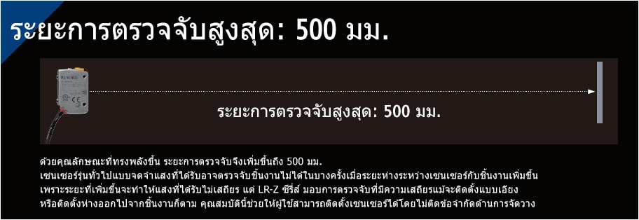 [ระยะการตรวจจับสูงสุด: 500 มม.]ด้วยคุณลักษณะที่ทรงพลังขึ้น ระยะการตรวจจับจึงเพิ่มขึ้นถึง 500 มม. เซนเซอร์รุ่นทั่วไปแบบจดจำแสงที่ได้รับอาจตรวจจับชิ้นงานไม่ได้ในบางครั้งเมื่อระยะห่างระหว่างเซนเซอร์กับชิ้นงานเพิ่มขึ้น เพราะระยะที่เพิ่มขึ้นจะทำให้แสงที่ได้รับไม่เสถียร แต่ LR-Z ซีรีส์มอบการตรวจจับที่มีความเสถียรแม้จะติดตั้งแบบเอียงหรือติดตั้งห่างออกไปจากชิ้นงานก็ตาม คุณสมบัตินี้ช่วยให้ผู้ใช้สามารถติดตั้งเซนเซอร์ได้โดยไม่ติดข้อจำกัดด้านการจัดวาง