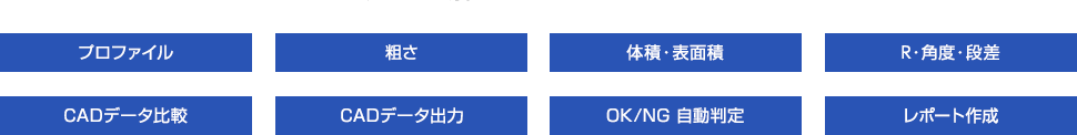 プロファイル、粗さ、体積・表面積、R・角度・段差、CADデータ比較、CADデータ出力、OK/NG 自動判定、レポート作成
